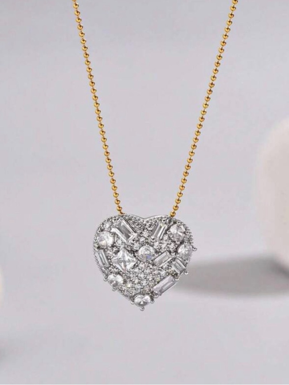New Gold Heart CZ Necklace – Stainless Steel Crystal Pave Pendant Necklace
